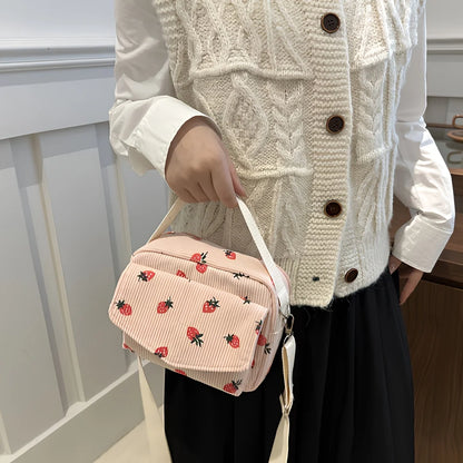 Strawberry Print Corduroy Crossbody Bag – Small Shoulder Purse