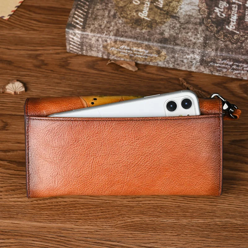 Retro Handcrafted Long Wallet Women Top Layer Cowhide
