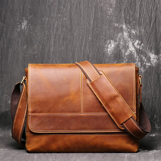 Crazy Horse Leather Crossbody Bag Men S Vintage Aged Genuine Leather Single-Shoulder