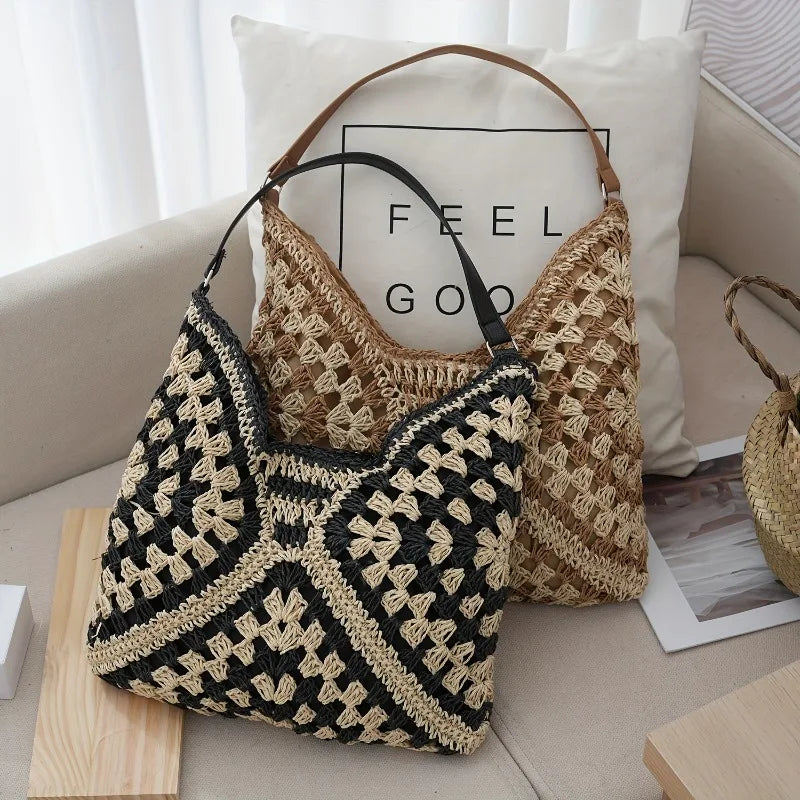 Crochet Straw Tote Bag for Women – Boho Woven Shoulder Handbag