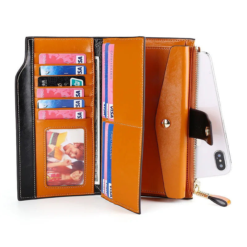 Genuine Leather Long Women S Wallet Rfid Anti-Theft Brush Multi-Slot Retro Oil Wax Hand-Held