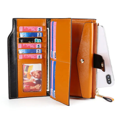 Genuine Leather Long Women S Wallet Rfid Anti-Theft Brush Multi-Slot Retro Oil Wax Hand-Held