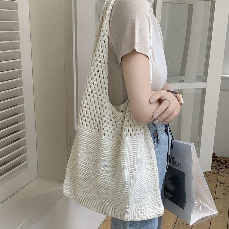 Hollow Knit Shoulder Tote Bag – Women's Large Capacity Woven Shopper