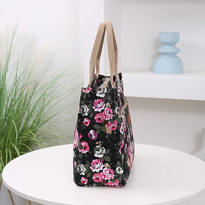 Floral Print Tote Bag Portable Canvas Lunch Bag Women S Casual Handbag Picnic Travel Designer Bags
