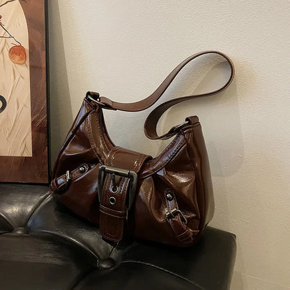Simple Leather Shoulder Bag Big Metal Buckle Decor Side Strap Details Underarm Adjustable Wide Y2k