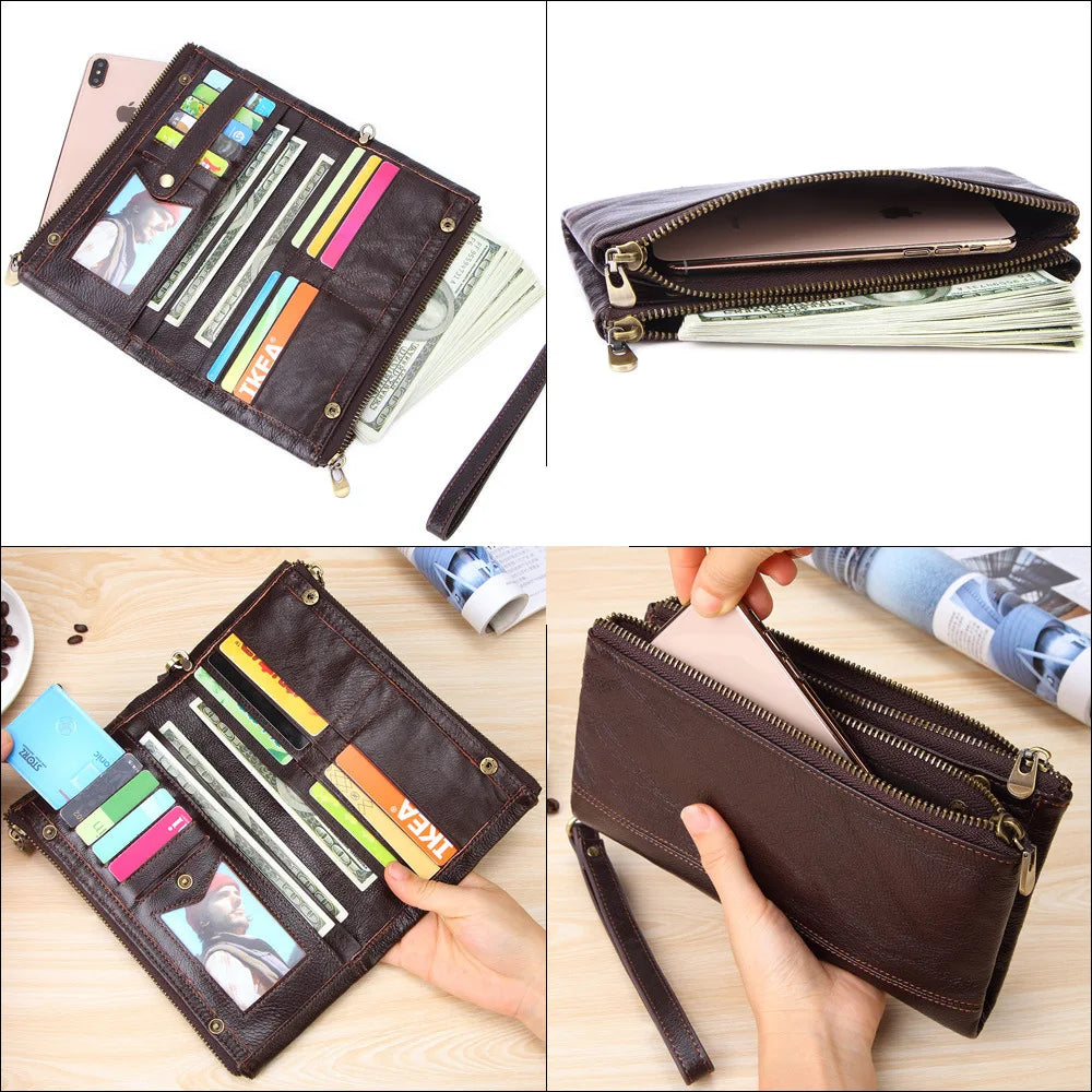 Men S Long Wallet Large Capacity Retro Real Leather Mobile Phone Thin Hand Business