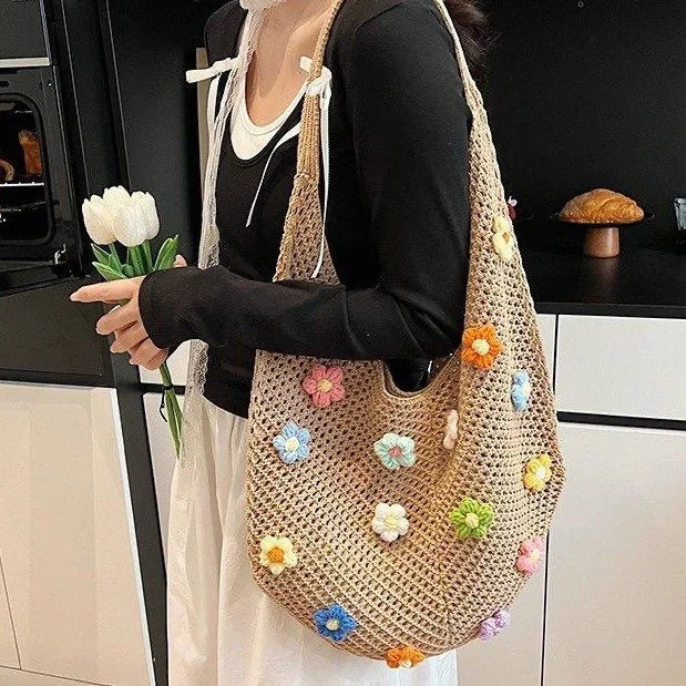 Summer Beach Tote Shoulder Bag Straw Weav Handbag Large Capacity Vacation Weaving Hollow Bags Women