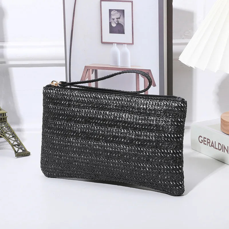 Straw Woven Clutch Bag – Slim Zipper Wristlet Purse for Women