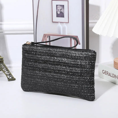 Straw Woven Clutch Bag – Slim Zipper Wristlet Purse for Women